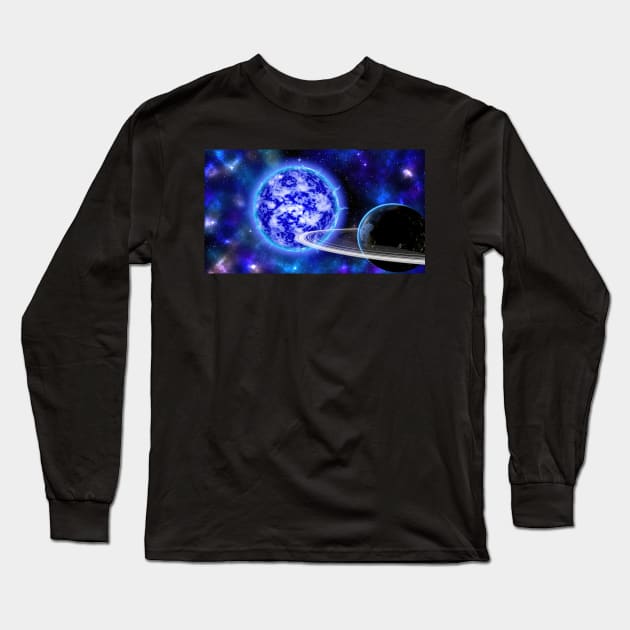 Ringed Planet Orbiting a Blue Star Long Sleeve T-Shirt by jecphotography